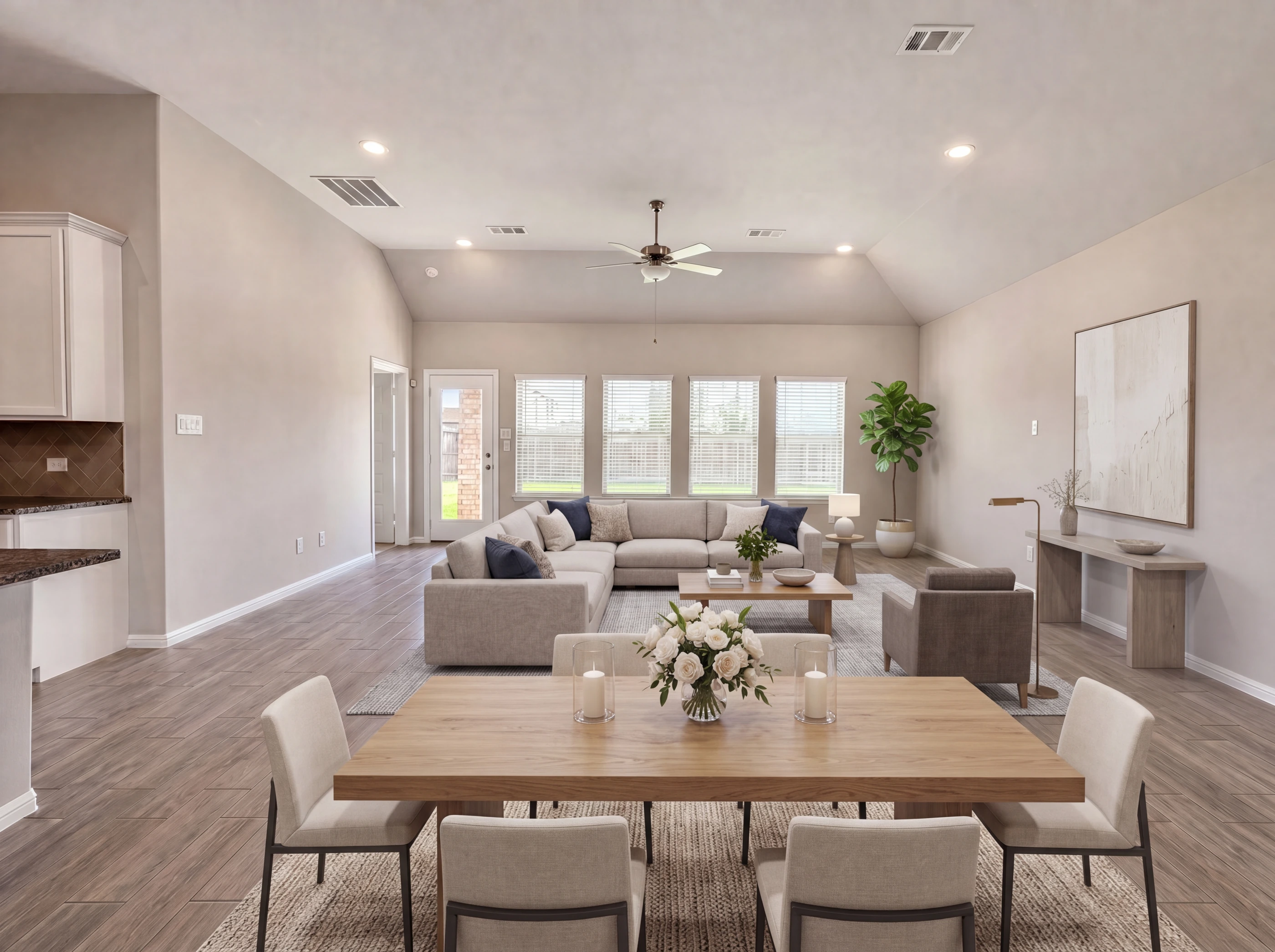 Great room with open dining and living layout