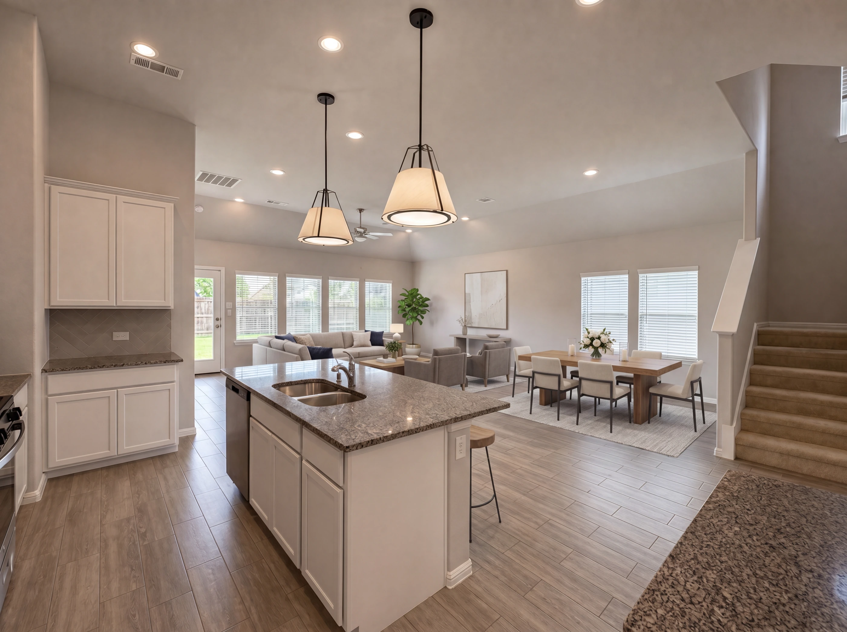 Sweeping view of kitchen, dining, and living