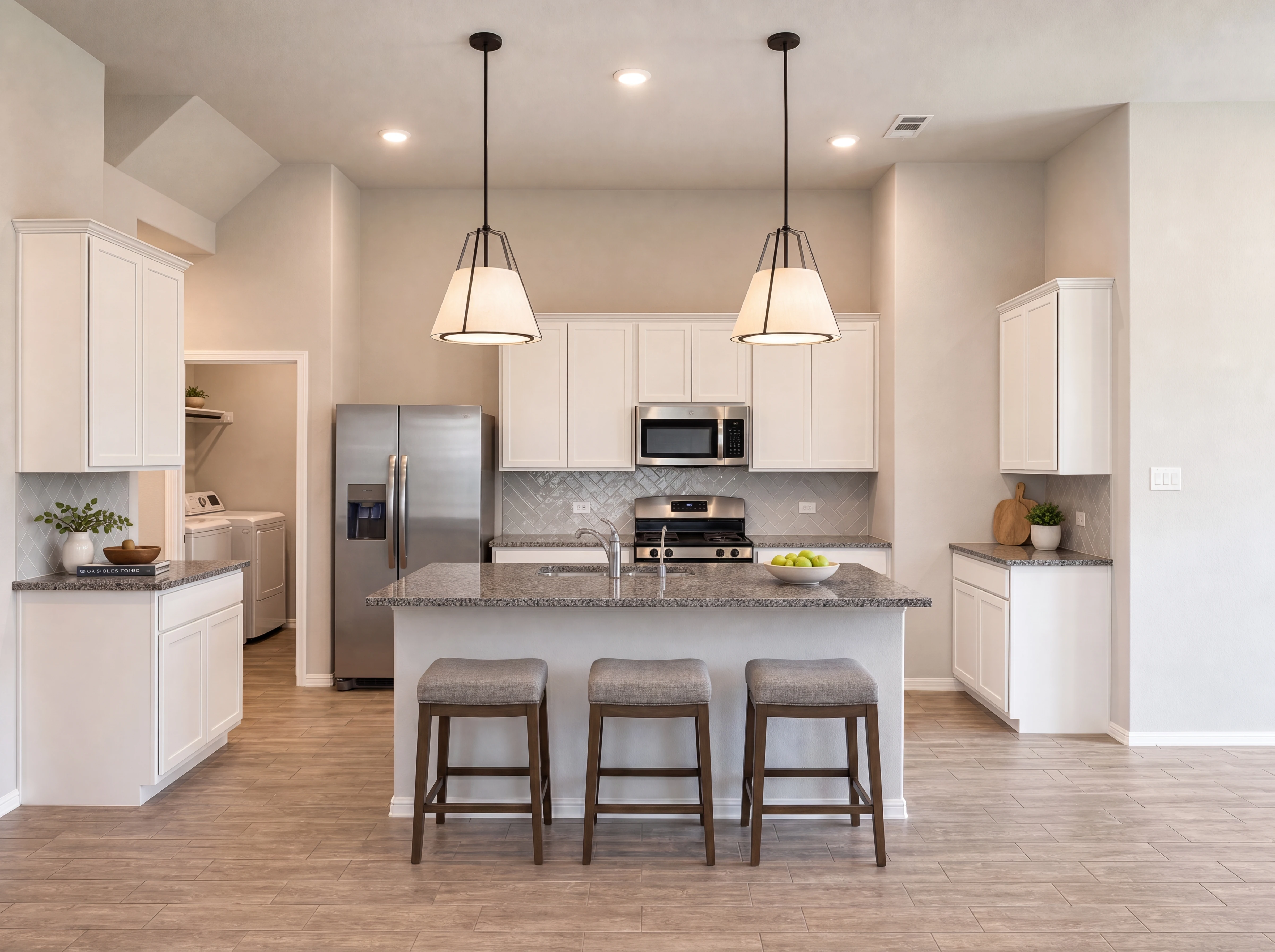 Kitchen with island and granite counters