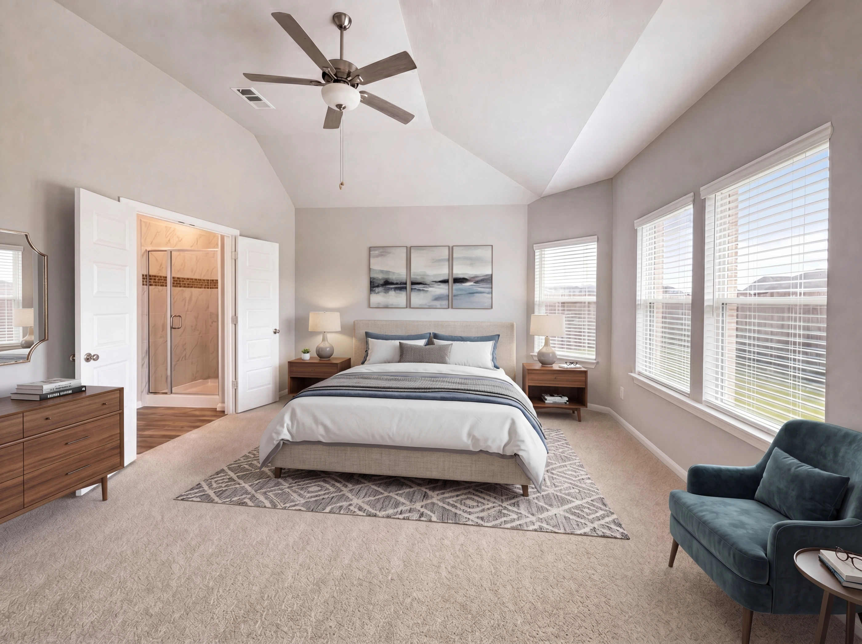 First-floor primary bedroom with bay window